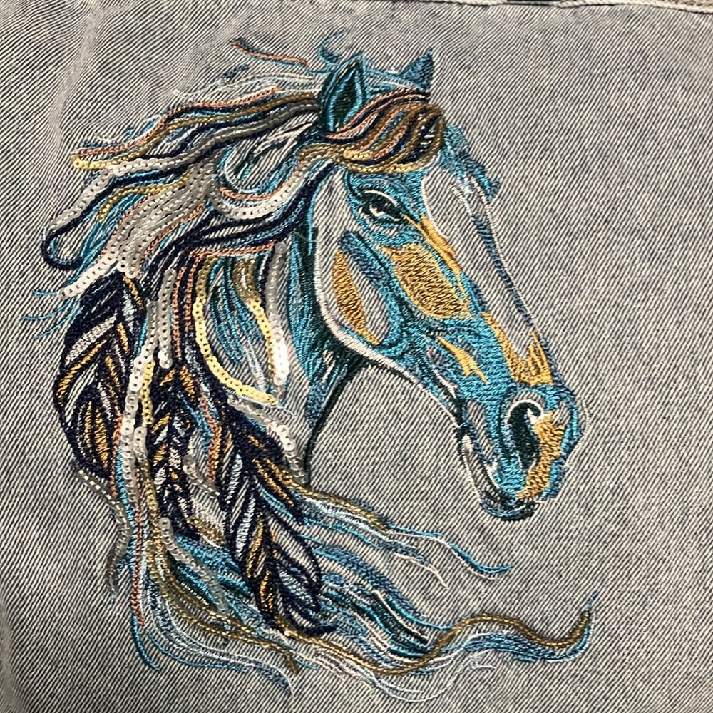 COPY - Exclusive DG2 Diane Gilman, embroidered Shamay horse denim tote bag - Picture 2 of 6